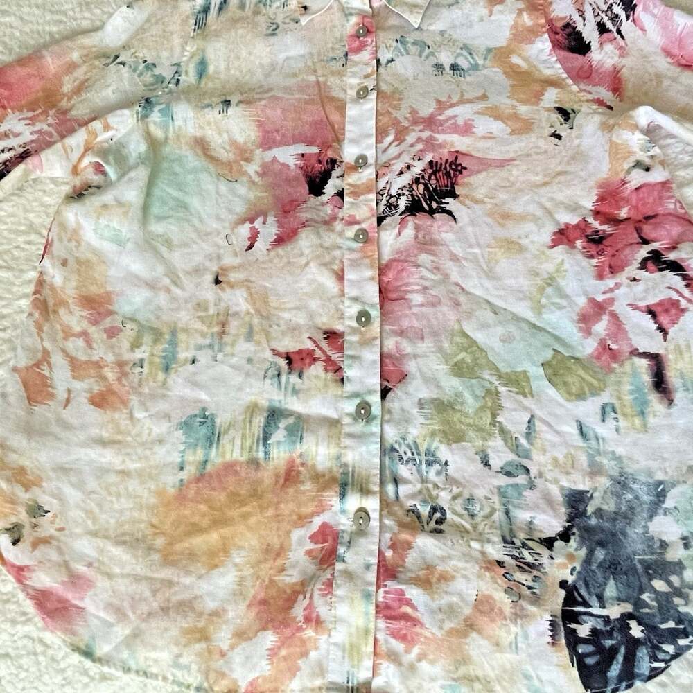 Chicos 1 Womens 8/M Linen Watercolor Art Button Shirt 3/4 Sleeve Resort Coastal - Picture 15 of 16